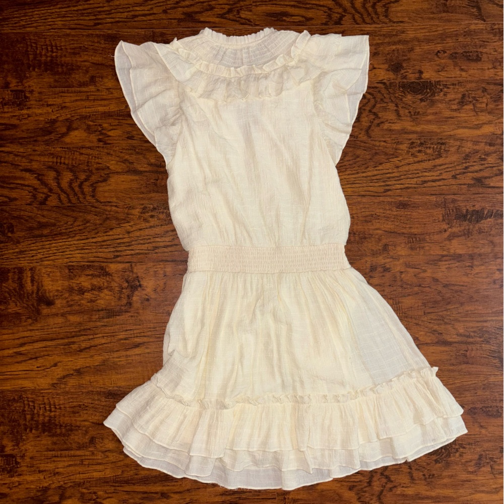 Moodie Cream Ruffle Dress Women’s Darryl Style Flutter Sleeve Smocked Waist Mini - Picture 5 of 5